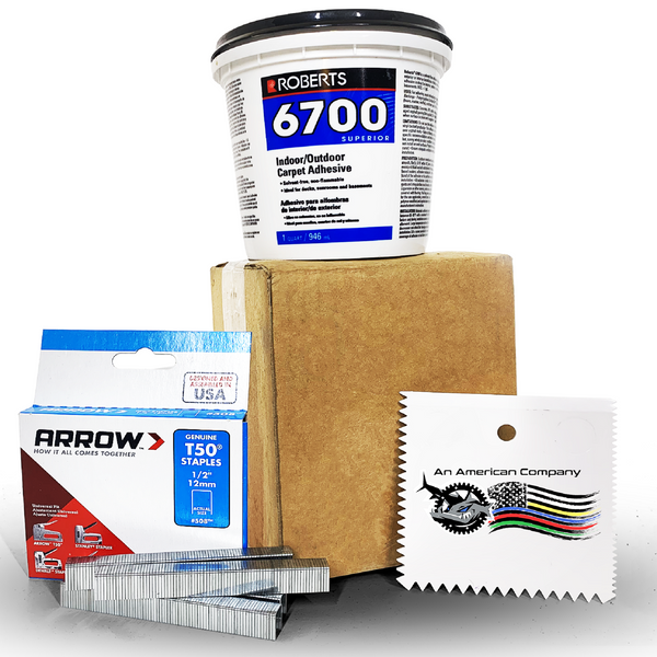 Bunk Carpet Install Kit with Roberts 6700 Adhesive, T50 Staples, and Notched Trowel.