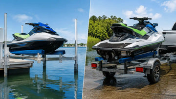 Side-by-side comparison of a jet ski resting on a boat lift and on a trailer, illustrating how lift bunks support stationary weight while trailer bunks manage transport and loading forces