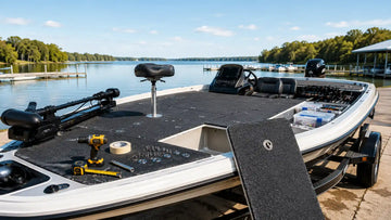 Bass boat with removable snap-in carpet panels, snap hardware, tools, and marine carpet installation supplies.