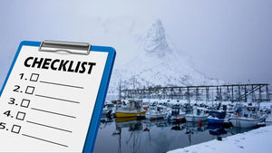 Winterizing your boat checklist with harbor and snow-covered boats, illustrating essential steps to prepare your vessel for winter storage.