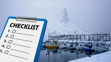 Winterizing your boat checklist with harbor and snow-covered boats, illustrating essential steps to prepare your vessel for winter storage.