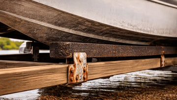 close-up of worn pressure treated bunk boards on boat trailer showing moisture damage and rusted hardware